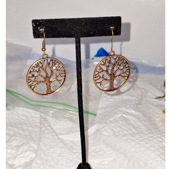 Tree of Life Dangle Drop Pierced Earrings Copper Colored Cultural Spiritual - Picture 1 of 6